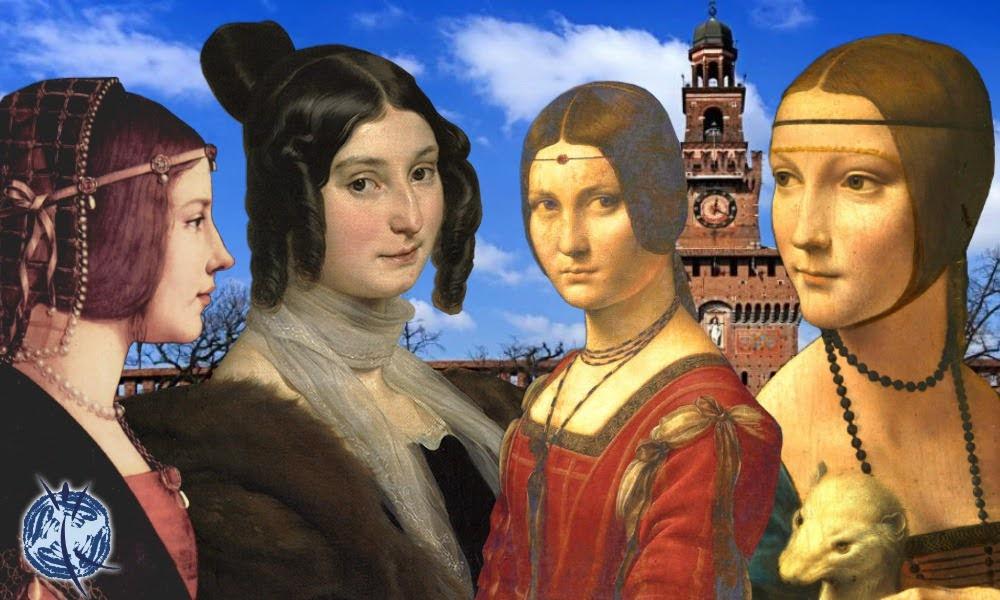 Personaggi femminili di dipinti davanti al Castello Sforzesco